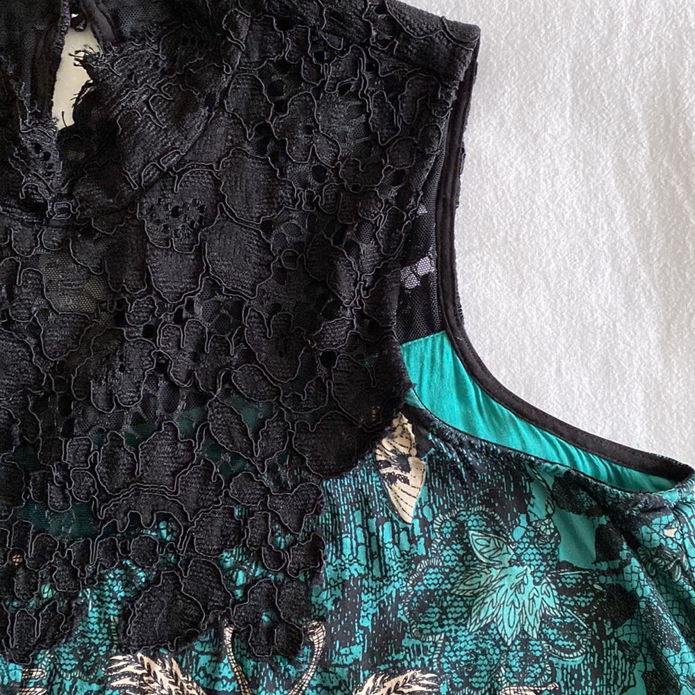 Anthropologie Maeve Silk blend Butterfly Swan Green print Lace top Swing Dress - Picture 6 of 16